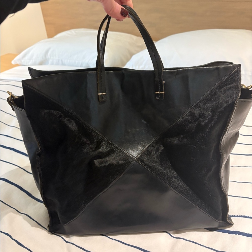 Black Leather and Calf Hair Clare V Simple Tote